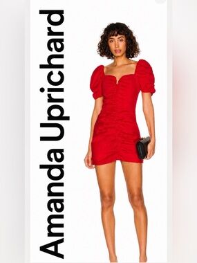 Red puff sleeve ruched sweetheart mini bodycon mini designer dress size M